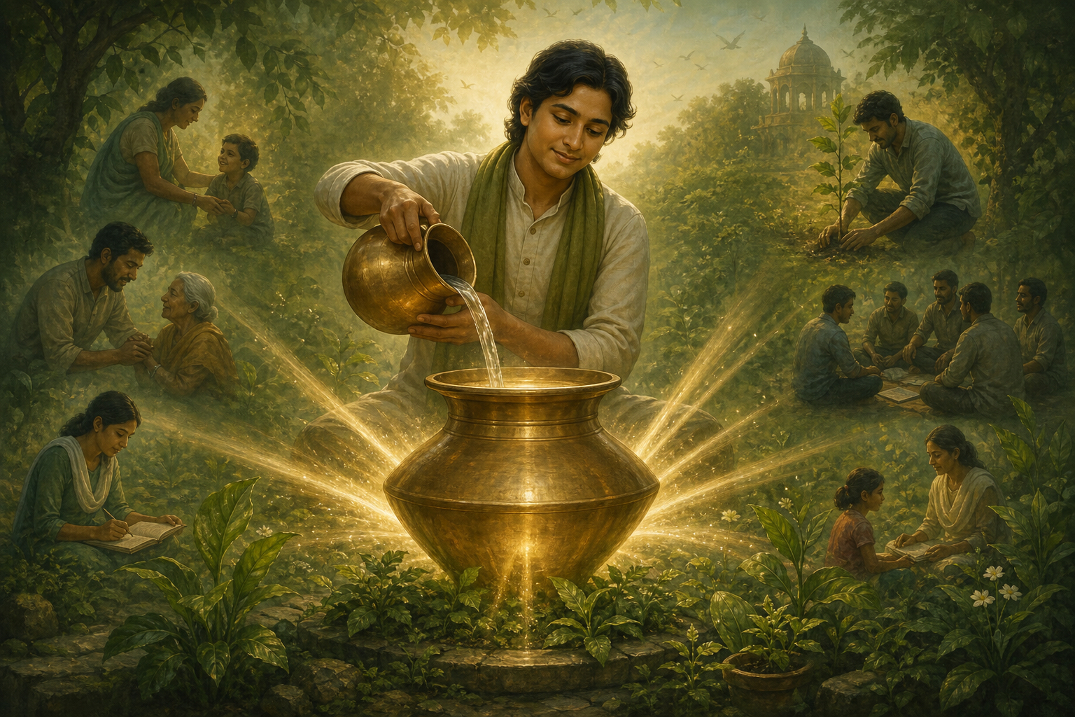 Kind person pouring water into a brass vessel that multiplies light and growth