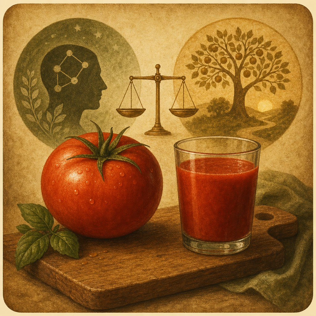 Tomato on a cutting board beside a glass of juice