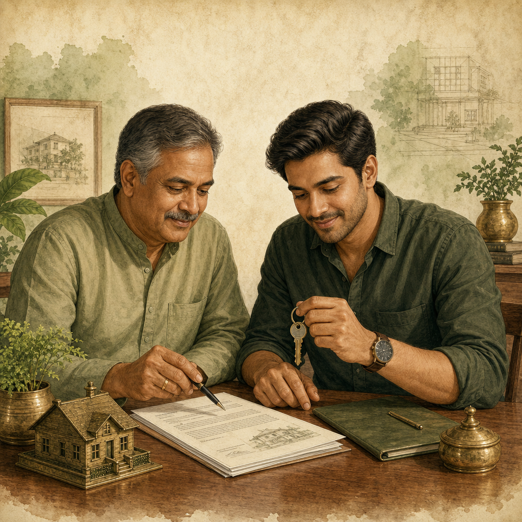 Father and son reviewing joint property papers