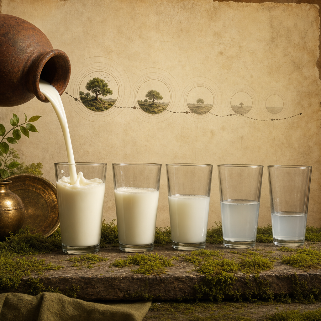 Milk poured from a clay pot into successive glasses losing cream